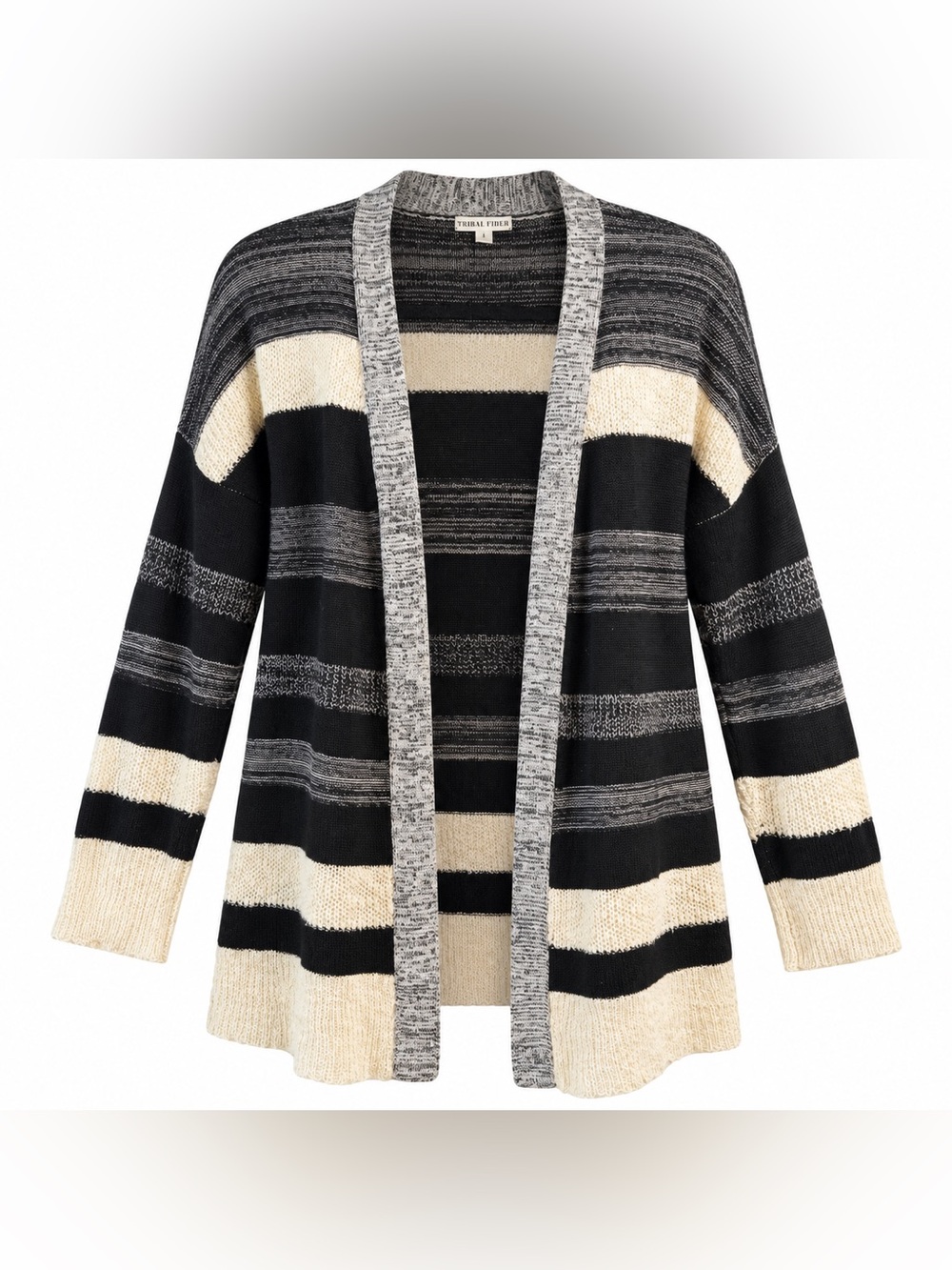 MORAL FIBER Black/Gray/Beige Striped Lightweight Open Front Sweater Cardigan, L